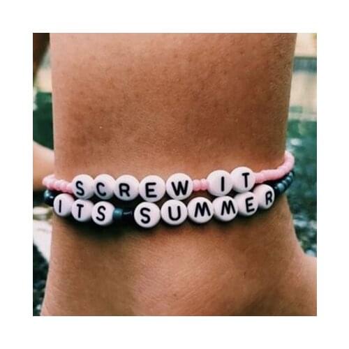 2020 Boho Multilayer Blue Pink Anklets Bracelets For Women Resin Stone Beads Letter Leg Bracelt Chain Vintage Beach Jewelry Gift