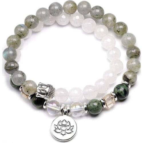 Natural Labradorite Beaded Bracelet for Women Men Chrysocolla With Chalcedony Crystal Strand Multi-layer Bangle Handmade Jewelry