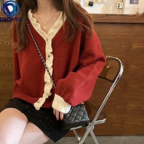 Autumn and Winter Fashion Color Matching Foreign Cardigan Jacket Long Sleeve V-neck Sweater Button Loose Single-breasted Sweater