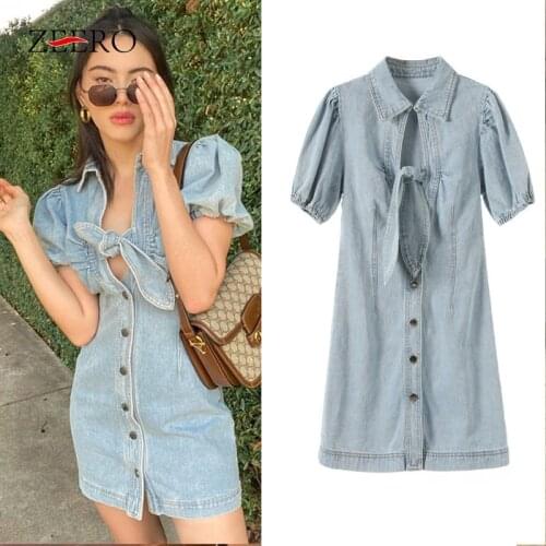2020 Summer Streetwear Women Single Breasted Sexy Bow Denim Shirt Dresses Female Vintage Casual Bodycon Jean Mini Party Dress