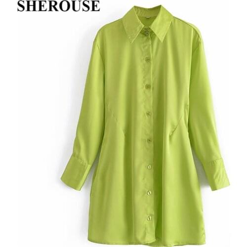 SHEROUSE Women Fashion Shirt Dress with Back waist hollow Design Long Sleeves Lapel Collar Casual Woman Short Dresses Robe