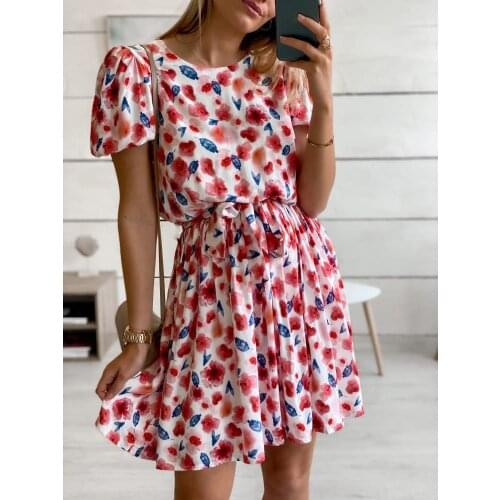 2021 Summer New Temperament Dress Fashion Street Print Round Neck Slim Waist Short Sleeve Belted Dress Women Mini Dresses