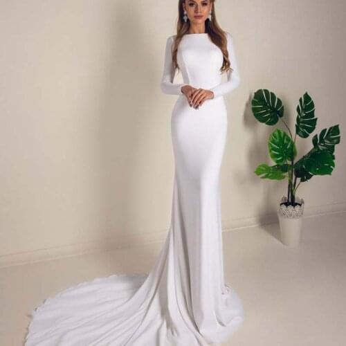 Elegant Satin White Backless Mermaid Wedding Dress for Women Romantic Long Sleeves Sweep Train Bridal Dress Vestidos De Novia