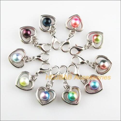 10 New Heart 13x14mm Charms Dull Silver Plated Mixed Ball Acrylic Retro With Lobster Claw Clasps