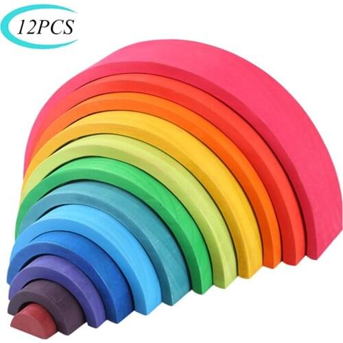 12PCS Large Montessori Wooden Rainbow Semicircular Arch Bridge Puzzle Color / Macarons Color Puzzle Shape Sorting Learning Toys