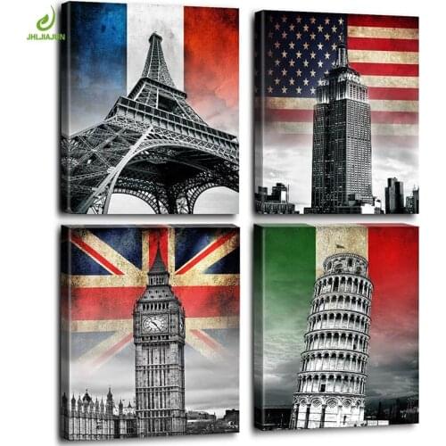 JHLJIAJUN 4 Nordic Flags Buildings Canvas Decoration Home Modular Picture Art Decorative Home Decor Nordic Home Decor Posters
