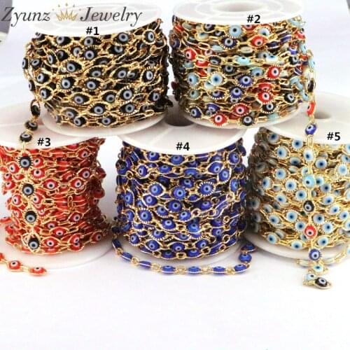 5 Meters, Rainbow Oval Eyes Beads Necklace Chains, Plated Gold Copper Wrapped Round Enamel Beads Rosary Chains