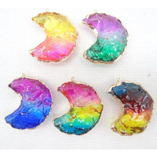 New Natural Gem Stone Quartz Rainbow Crystal Gold Edge Stars Moon Pendants For DIY Jewelry Making Necklace Accessories 6Pcs