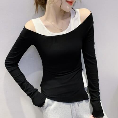 #8517 Black Grey Irregular False Two Piece T Shirt Women O Neck Skinny Short Spliced Color Off Shoulder T-shirt Female Cotton