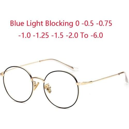 Anti Blue Light Round Finished Myopia Glasses Women Men 77507 Metal Oval Short Sight Spectacles Diopter -0.5 -0.75 -1.0 To -6.0