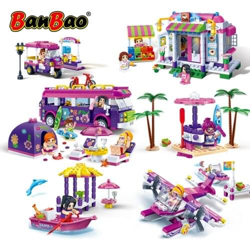 BanBao City street Girls Coffee house Coast Villa Seaside Beach Holiday Building Blocks Models Toys Bricks Children Friend Gifts