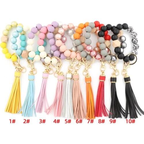 Wood Beaded Bracelets Long Leather Tassel Drops Keychains for Women Fashion Accessories Key Rings Daily Gift