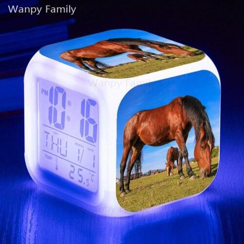 Horse alarm clocks 7 color glowing LED digital clock childrens room multifunctional luminous clock for kids birthday gifts