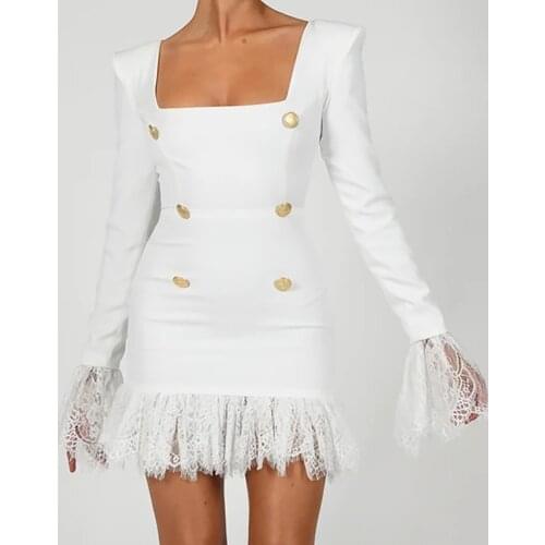 DEIVE TEGER 2021 New Chic Lace Long Sleeve Square Collar Buttons Elegant Evening Party Vestido Bandage Mini Dress For Women 5561