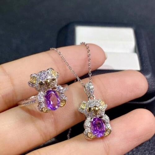 Elegant lovely Bear Natural amethyst gem Ring Pendant Natural Purple crystal Jewelry Set S925 Silver girl gift party jewelry