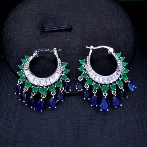 HIBRIDE Elegant Water Drop Green Blue Mirco CZ Hoop Earrings Bridal Wedding Women Accessories brincos para as mulheres E-899