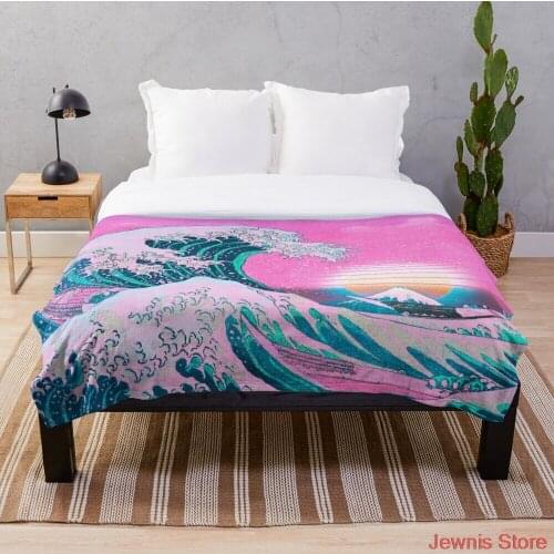 Vaporwave Aesthetic Great Wave Off Kanagawa Retro Sunset Blanket Print on Demand Decorative Sherpa Blankets for Sofa bed Gift