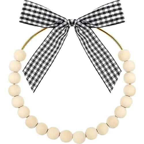 Christmas Decoration Wooden Bead Wreath Plaid BOW Lattice Ribbon Pendant Farmhouse Doorknob Wall Decoration