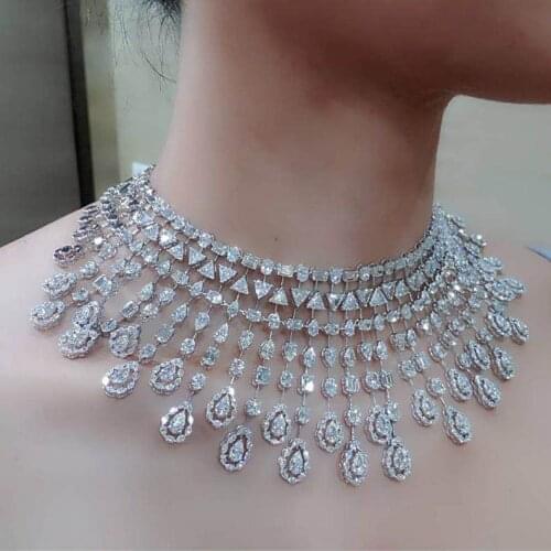 Janekelly African2 pcs Wedding Bridal Zirconia Jewelry Sets For Women,Necklace Earrings Dubai Nigeria CZ Crystal Choker Sets