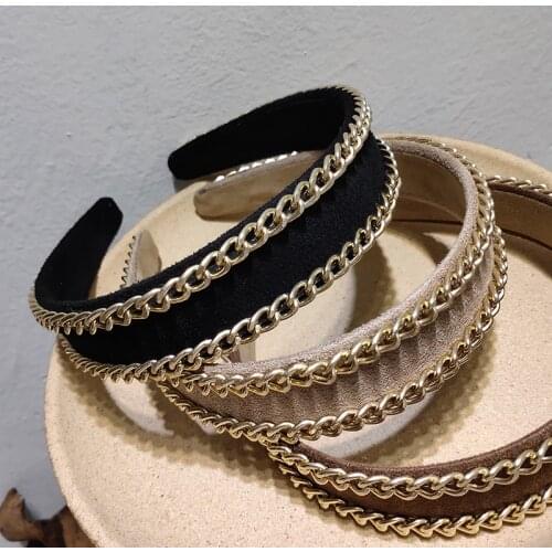 Multilayer Metal Chain Headband Women Bright Gold Velvet Hairband Bezel Turban Female Girl Headwear Ladies Hair Hoop Accessories