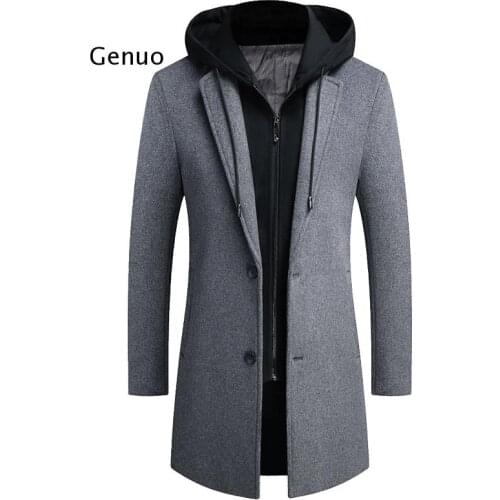 Mens Hooded Wool Jacket Winter Autumn Mens Long Windproof Wool Coat Casual Thick Slim Fit Jacket Male