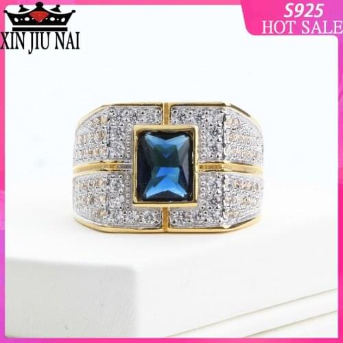 Men Gold Color Big Engagement Rings Square Cubic Zirconia Finger Ring Blue Stone Wedding Band Vintage Jewelry Birthday Gift