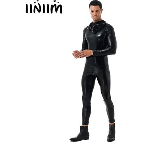 Men Latex Catsuit Wet Look Shiny Patent Leather Hooded Bodysuit Zipper Skinny Jumpsuits Nightclub Halloween Role Play Costumes