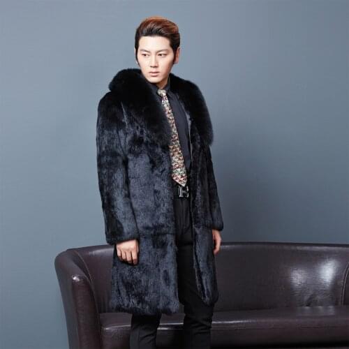 Real genunie natural rabbit fur coat with big fox fur collar men fashion long jacket warm winter custom any size