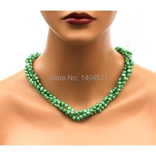 Wholesale Pearl Jewelry - Light Green 3 Strands Baroque Genuine Freshwater Pearl Necklace Earrings - Handmade Jewelry Set