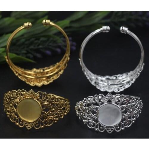Filigree Flower Open Bracelet 20mm Round Bezel tray Glass Cabochon Bangle Findings DIY Cosplay Tiara Hair Headband Cuff Bracelet