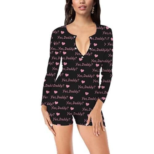 Sexy V-neck Printed Long Sleeve One-piece Shorts Ladies Slim Pajamas Adult One-piece Pajamas for Women