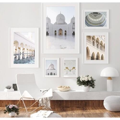 Self-adhesive Wall Stickers Trendy Islamic White Dome Building Mosque Travel Painting Wall Pictures Art Poster Home Decoration