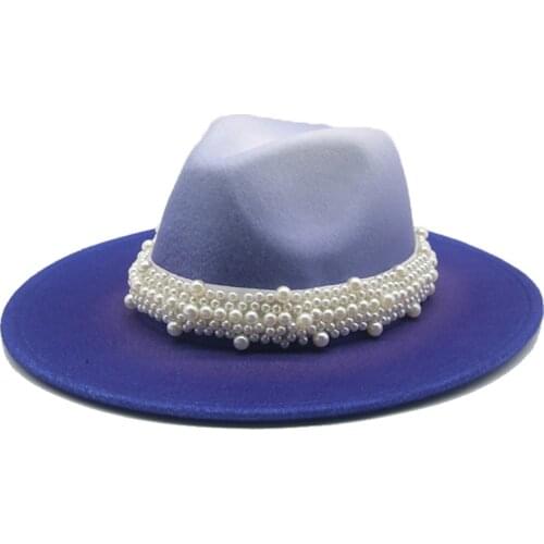 Fedora hats wide brim gradient with band belt pearl luxury brand handmade women hat men autumn winter jazz caps winter women hat