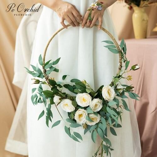 PEORCHID Wedding Garland Hoop Bouquet Bridal Wreath Artificial Leaves Flower Basket Bride Holding Flowers For Decoration