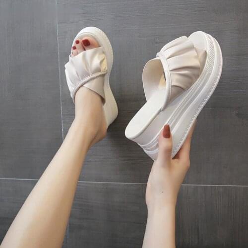 New Summer Fashion Pumps Shoes Women Slippers Off The Platform (4cm) Shallow Wedges Casual Lady Solid 8cm High Heel Woman Slides