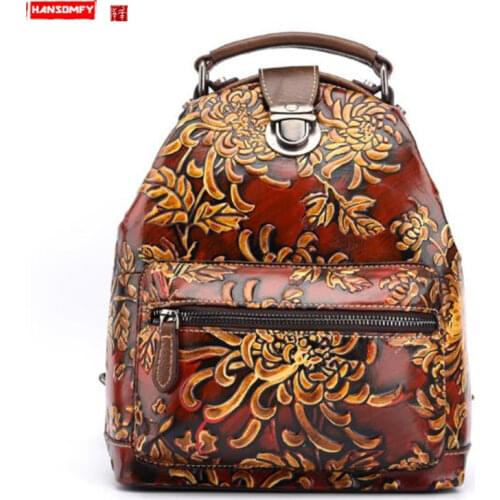 2018 Women Big Capacity Backpack Creative Floral Three-dimensional Embossed Female Shoulder Bags Color Cow Leather Vintage