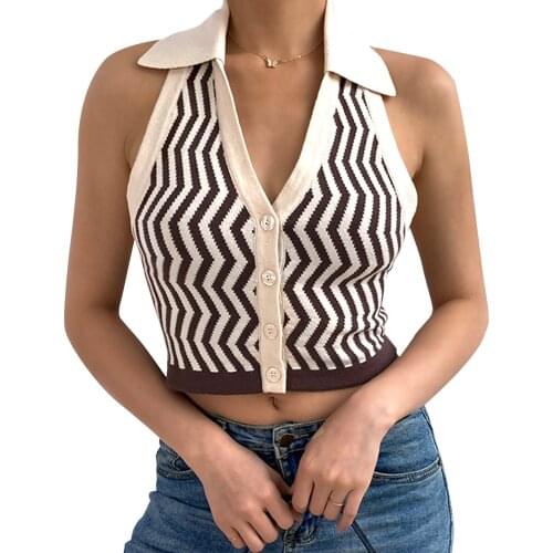 Womens Fashion Camisole Y2K Striped Knit Vest Lapel Striped Camisole Deep V Neck Camisole Slim Sexy Camisole Streetwear Top