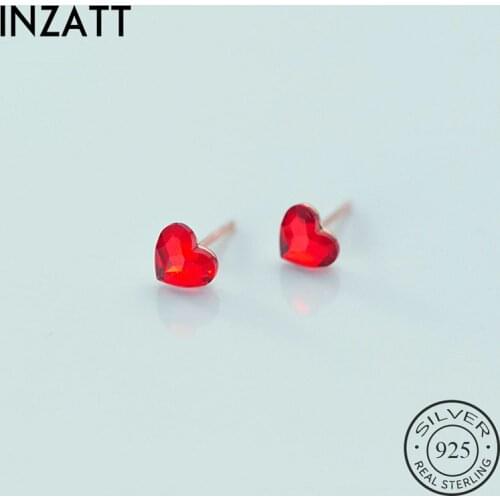INZATT Real 925 Sterling Silver Red Zircon Heart Stud Earrings For Fashion Women Party Fine Jewelry Cute Accessories Gift