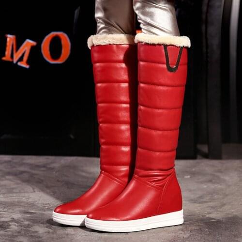 Fashion Women Knee Length High Boots Flat Bottomed Inner Heightening Thick Soled Snow Boots Red White Black Ladies Winter Boots