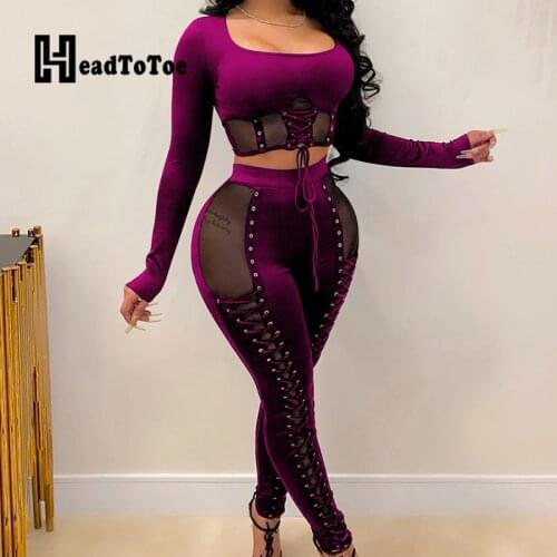 Solid Mesh Lace Up Criss Cross Navel Sexy Club 2 Piece Set Women Full Sleeve U-neck Slim Pencil Two Piece Outfits Woman