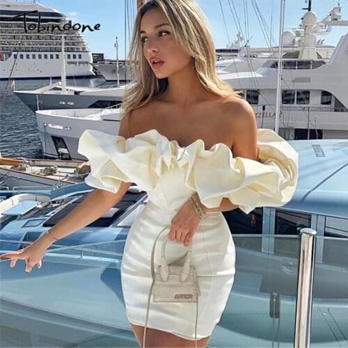 Tobinoone White Elegant Vintage Party Dress Women 2019 Autumn Ruffle Off Shoulder Bodycon Dress Slash Neck Slim Dresses Vestido