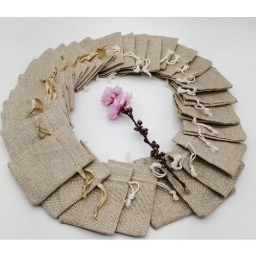 100pcs Silk Ribbon/Cotton Jewelry Bag Sack Jute Jewelry Packaging Linen Bags Sachet Gift Bag Storage Charm Candy Drawstring Bags