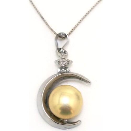 18 inches 10-11mm Natural White Button Pearl Moon Style Sterling Slver Pendent Necklace
