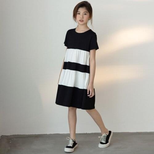 2021 Girls Dress Summer Cotton Short Sleeve Children Dress for Girl Kids Clothes Black White Beach Costume 8-16 Y