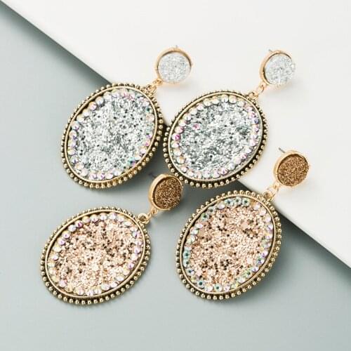 2021 New Fashion Round Druzy Oval Around AB Crystal Water Pink Glitter Water Drop Leather Stud Earrings for Women