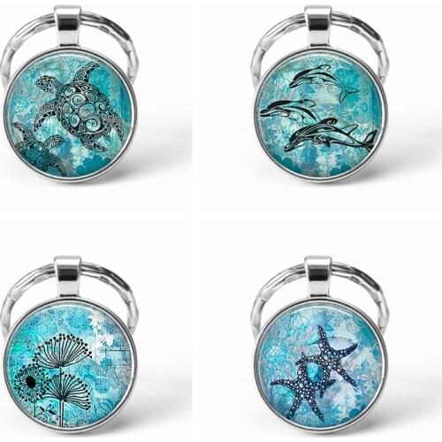 Sea Turtles Starfish Glass Cabochon Key Chains Jewelry Gift Dolphin Dandelion Thistles Key Chain Key Ring