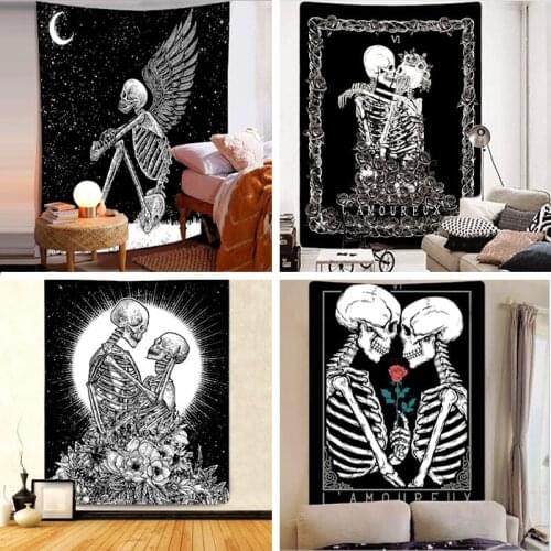 Skulls Flower Tapestry Trippy Room Dorm Decor Black Esotericism Printing Big Mounted Cheap Hippie Bohemian Wall Mandala Art Home