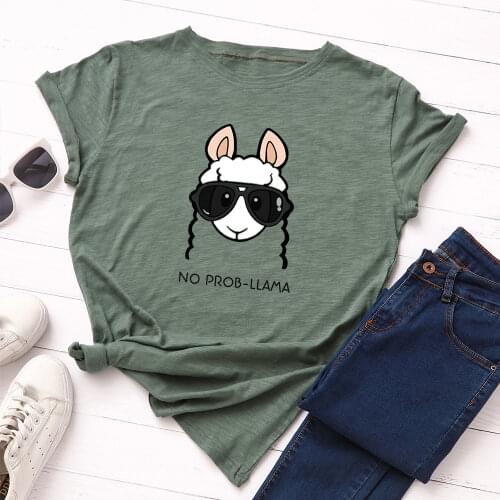 Women Plus Size 100% Cotton Tshirt Cute Llama Print T Shirt Tops Graphic Tees Top Shirts Clothes Short Sleeve Female Clothes
