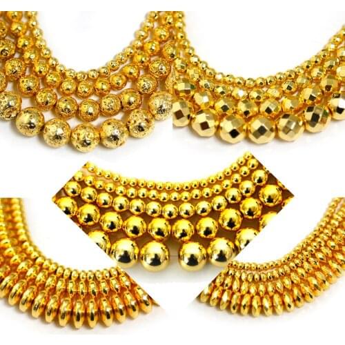 40cm Hematite Beads 3/4/6/8/10mm Gold Round/Oval/Faceted Flat/Lava Loose Bead for DIY Necklace Earring Jewelry Making Findings