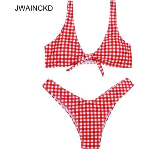 JWAINCKD 2018 Women New Thong Plaid Front Tie Bikini Set Low Waisted Plaid Plunging Neck Swimsuit Sexy Summer Beach Swimwear